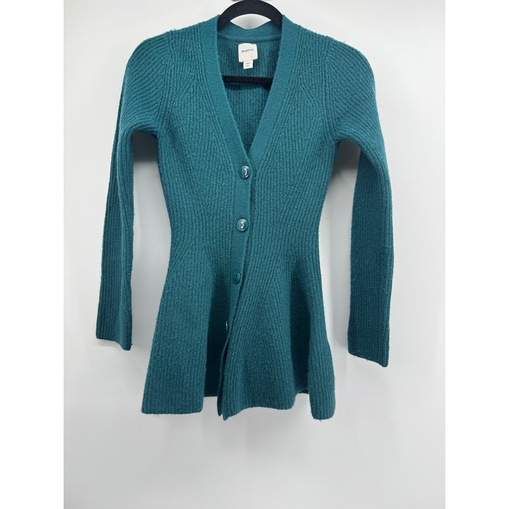 Maeve Anthropologie Teal Green Ribbed Peplum Cardigan Wool Blend Sweater XXS